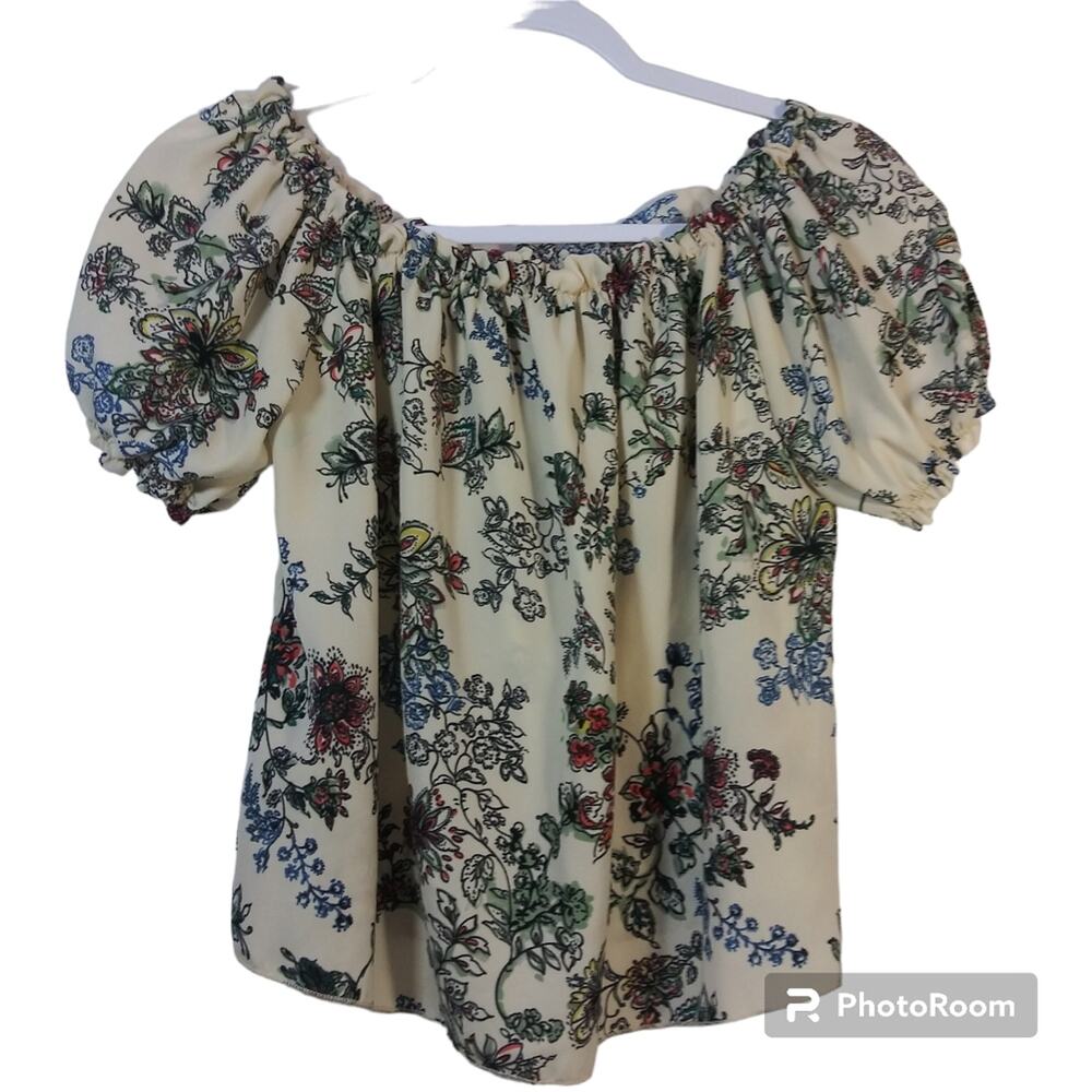 January 7 Cream Floral Short Sleeve Off Shoulder Top Size M